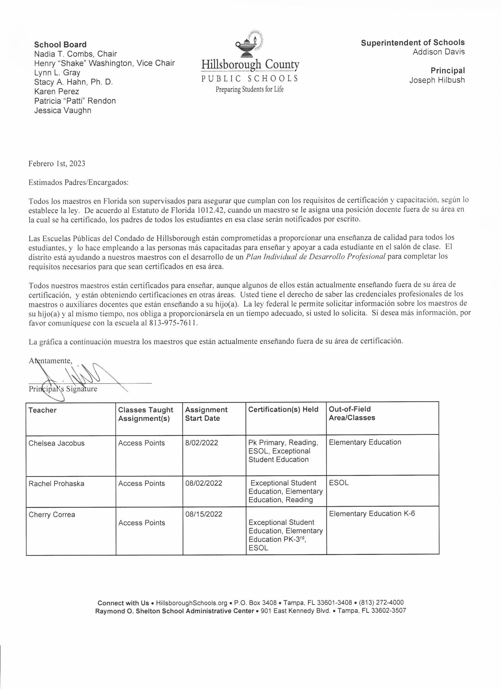   Out of Field Letter - Spanish 22-23